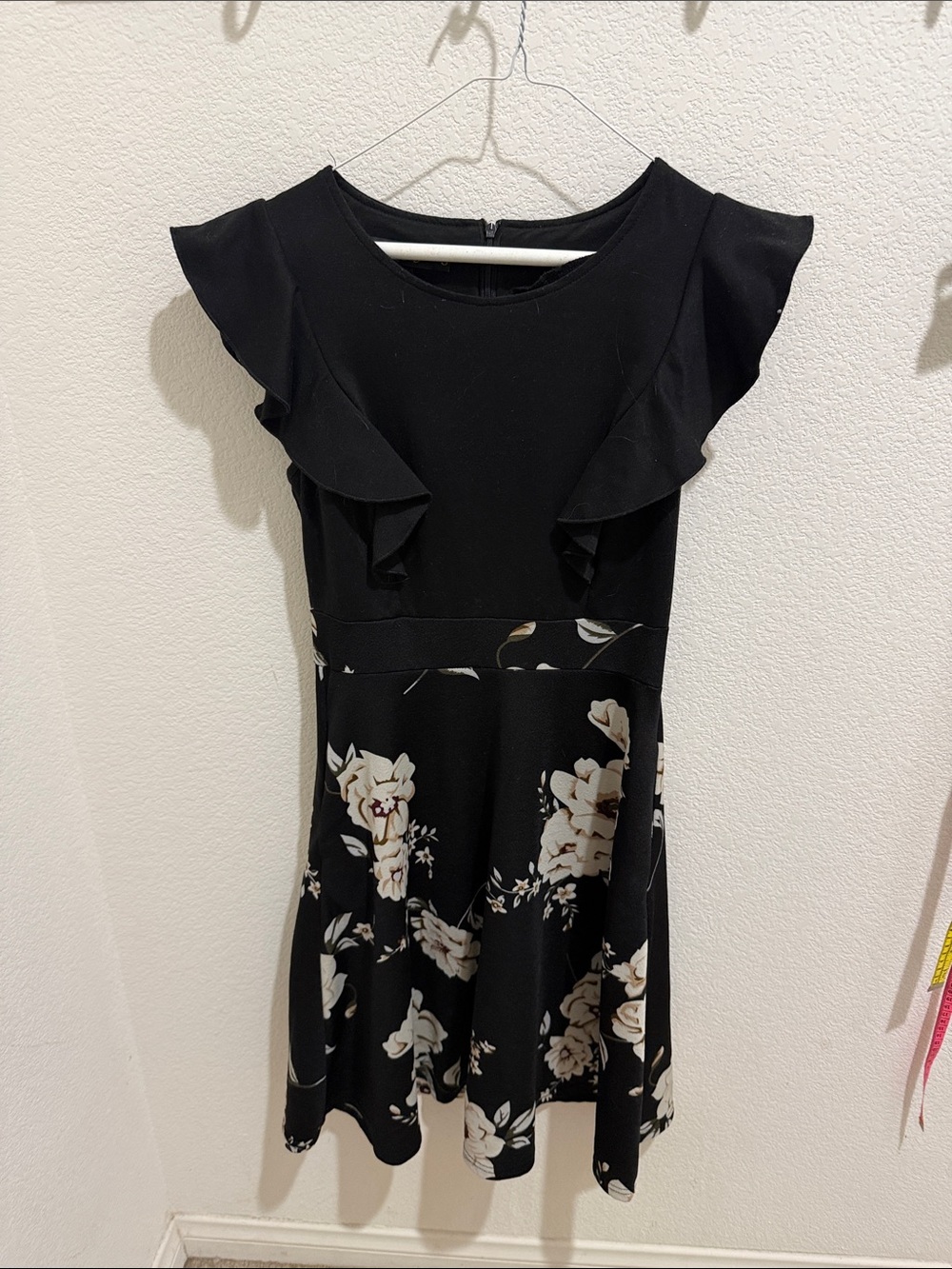 Black Floral Ruffle-Sleeve Mini Dress